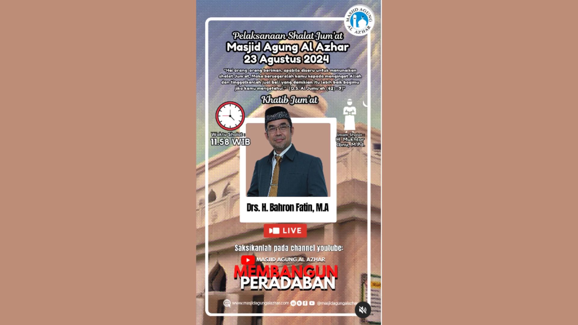 Pelaksanaan Shalat Jum'at, 23 Agustus 2024, Waktu Shalat Jum'at : 11.58 wib